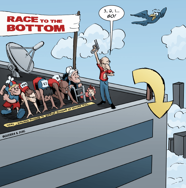 Race to the Bottom. #MerryFelonies Cartoon from #MiguelGuerra @7RobotsInc