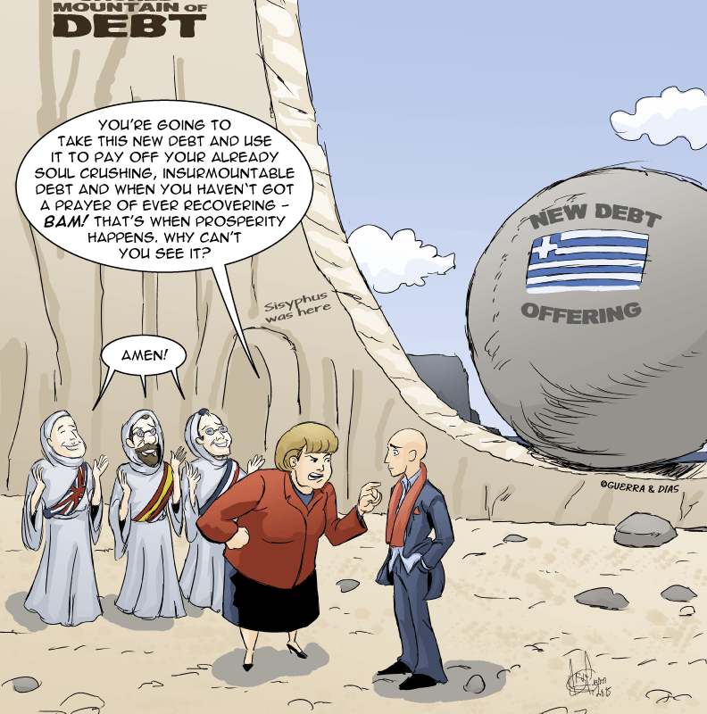 The Sisyphus Fix for Greece. #MerryFelonies cartoon from #MiguelGuerra.