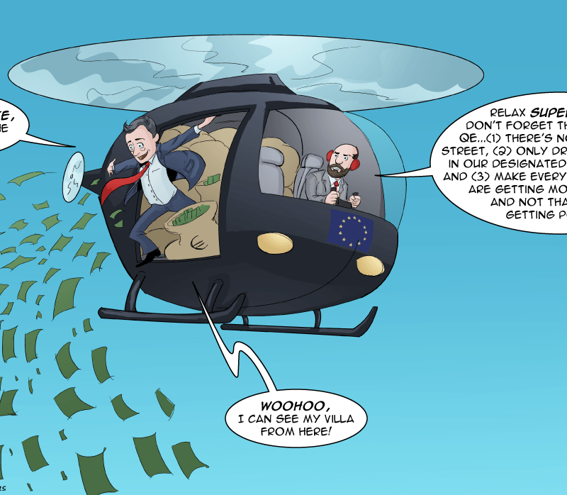 QE: It’s not the fall that kills you it’s the sudden stop at the end. #MerryFelonies cartoon from #MiguelGuerra @7RobotsInc