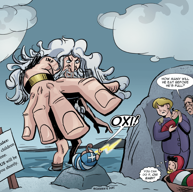 Cronus vs OXI Baby. #MerryFelonies cartoon from #MiguelGuerra @7Robotsinc