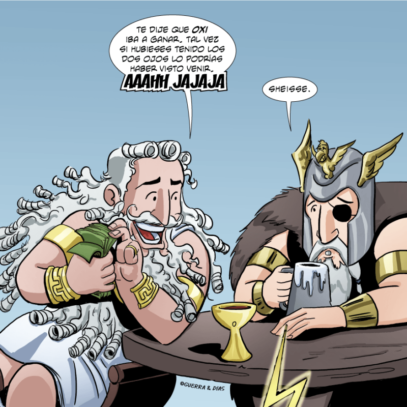 Zeus vs Odin: La apuesta ganadora. Viñeta #MerryFelonies de #MiguelGuerra @7Robotsinc