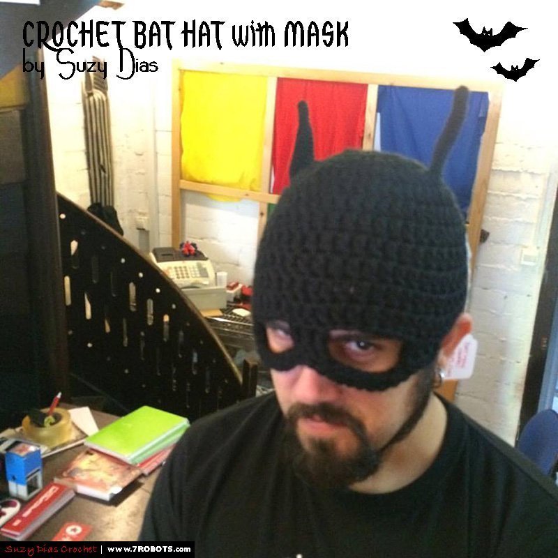 Crochet Bat Hat With Mask Handmade by Suzy Dias for 7 Robots