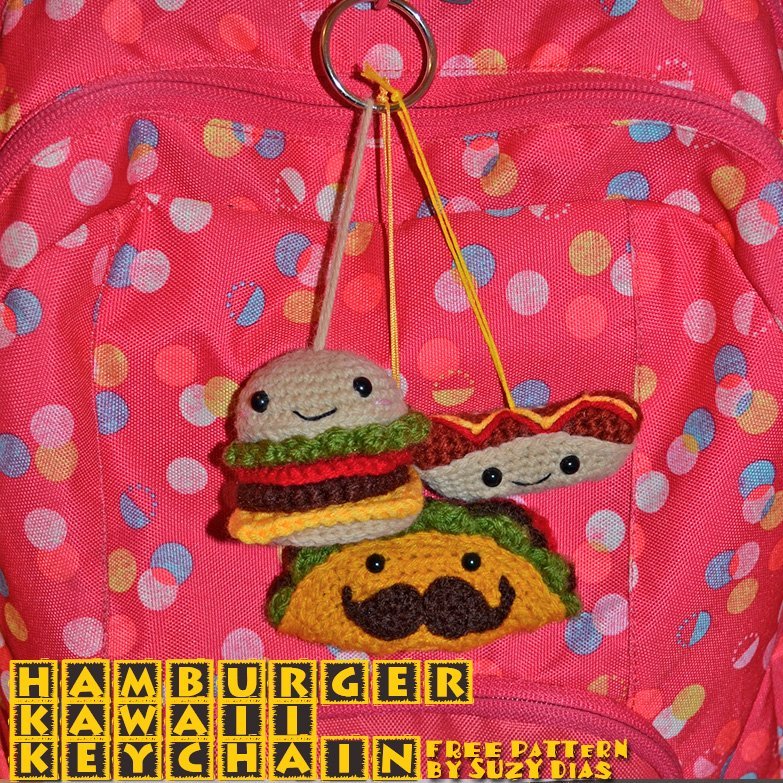 Crochet Hamburger Kawaii Keychain FREE Pattern by Suzy Dias