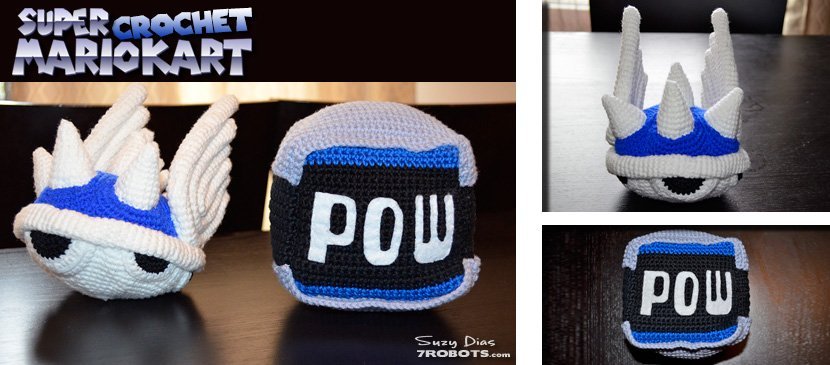 Crochet Mario Kart Spiny Blue Shell and POW Block by Suzy Dias