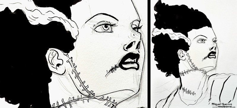 Horror Ink Sketches by Miguel Guerra - Bride of Frankenstein