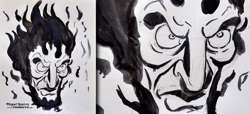 Horror Ink Sketches by Miguel Guerra - Flaming Head. Part of the Horror Ink Sketches series