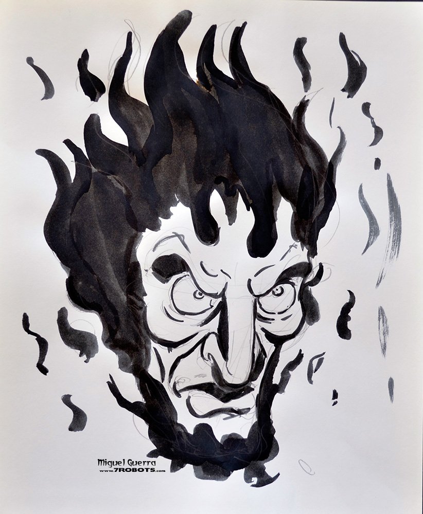 Horror Ink Sketches by Miguel Guerra - Flaming Head. Part of the Horror Ink Sketches series