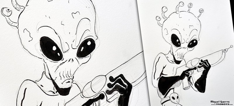 Horror Ink Sketches by Miguel Guerra - Alien with a Raygun. Part of the Horror Ink Sketches series